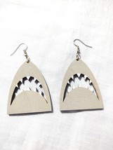 GREAT WHITE SHARK ATTACK GRAY and WHITE TEETH HAND PAINTED WOOD DANGLE E... - £7.89 GBP