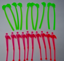 Hot Pink NEON Flamingo &amp;Palm Trees LUAU Party Swizzle Plastic Stirrers 20 Ct NEW - £9.75 GBP