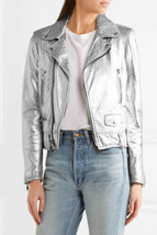 Genuine Lambskin Leather Women&#39;s Jacket Handmade Trendy Silver Party Wear Biker - £79.20 GBP