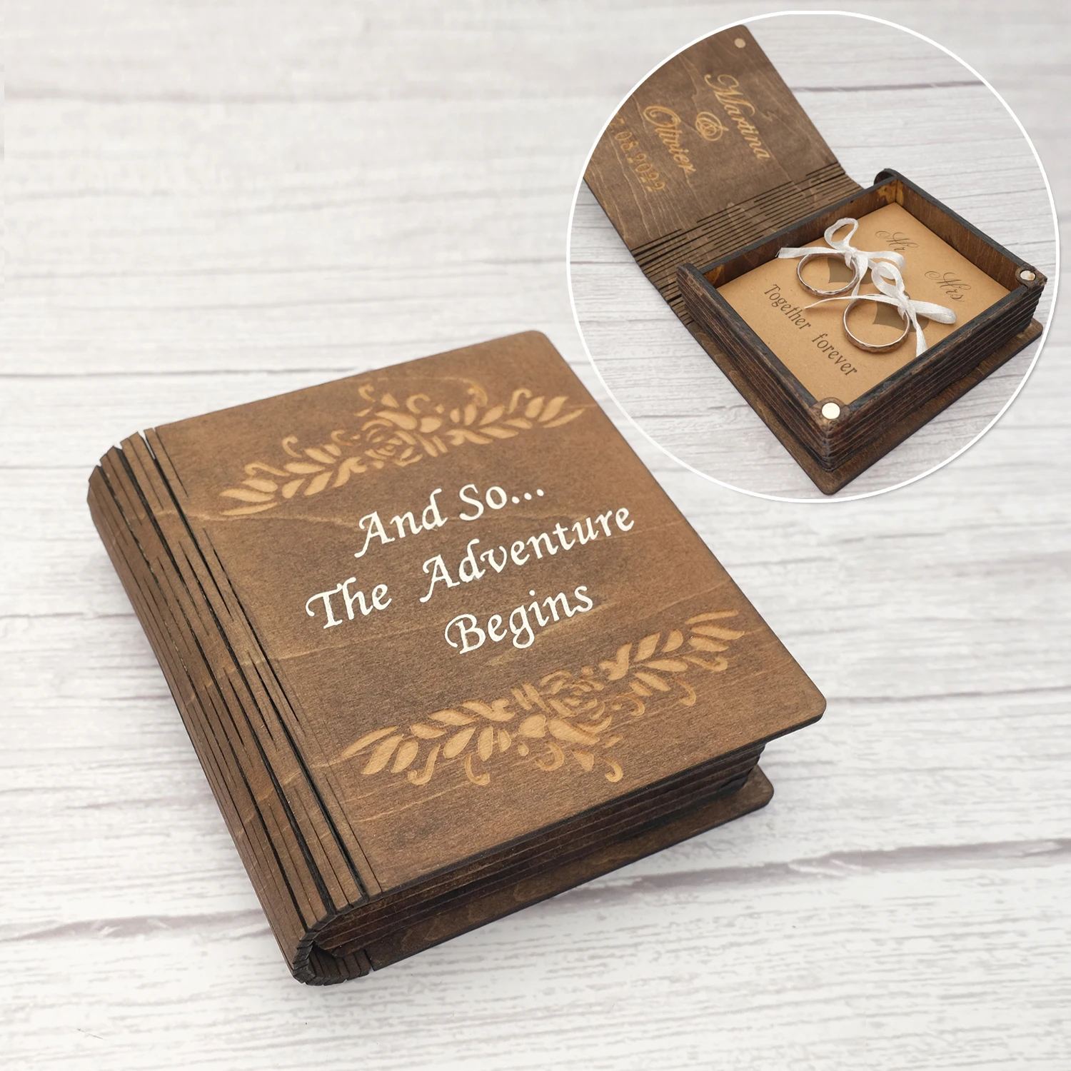 Personalised Wedding Ring Box Custom Book Box Rustic Wood Engagement Ring Box Pr - $34.73