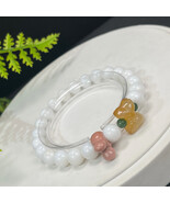 White Alxa Agate Beaded Bracelet 8.5mm Carved Cute Rabbit Ears Bow Tie - $69.99