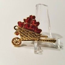 Vintage Avon Wheelbarrow Red Hearts Brooch Textured Gold Tone Basket Valentines  - $19.68