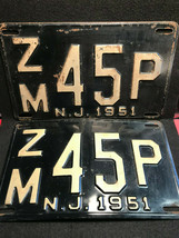 Vtg Metal ZM45P NJ &#39;51 Automobile/Automotive License Plates Black/White Set - £79.20 GBP