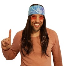 Hippie brown hair wig with blue lights 60&#39;s 70&#39;s bandana - £14.47 GBP