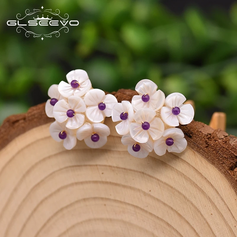 Natural Shell Flower Purple Jade Korean Stud Earrings For Women Wedding Romantic - £39.57 GBP