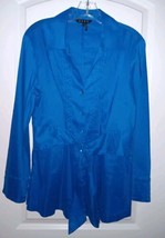 ZOZO Ladies L Linen/poly Royal Blue V-Neck Button Blouse Tie Front - $16.66