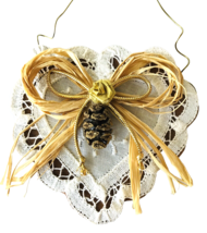 Wood &amp; Battenberg Lace Christmas Ornament Scalloped Heart Straw Bow Pine Cone - £13.18 GBP