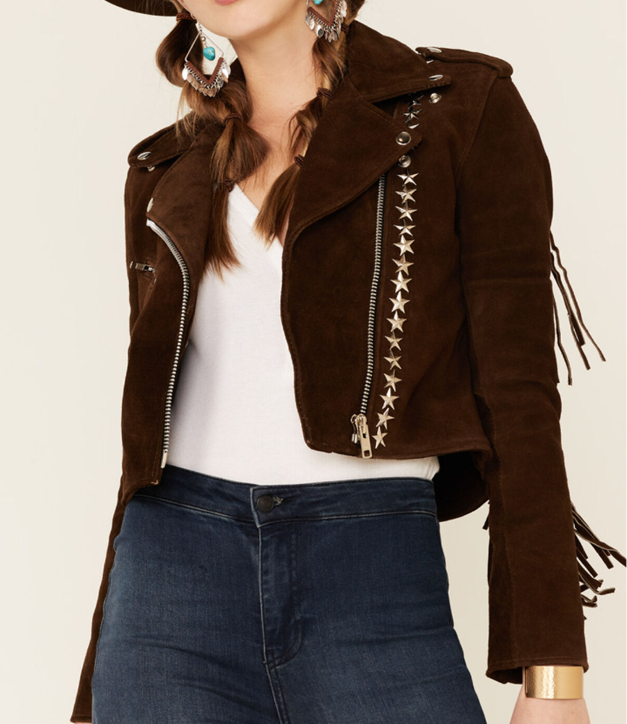 Star Studded Suede Leather BOHO Cowgirl Vintage Style Women's Paris Texas Jacket