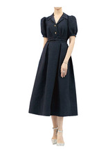 Women&#39;s Short Sleeve 50&#39;s Lapel Collar Embossed Pattern Swing Dress in Black AUS - £101.60 GBP