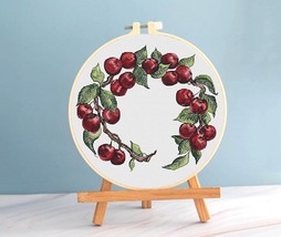 Cherry Cross Stitch Wreath Pattern pdf - Red Cherries Embroidery Beginne... - £10.65 GBP