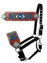 Western Horse Bling! Blue Navajo Beaded Nylon + Leather Bronc Halter - £27.81 GBP