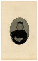 CIRCA 1800&#39;S Hand Tinted Cartouche TINTYPE Adorable Little Girl in Black Dress - £12.41 GBP