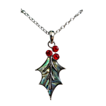 Holly Abalone Pendant Necklace Red CZ Berries 20&quot; Chain Paua Shell Jewel... - £12.74 GBP