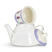 Lavender Sprig Teapot with Lid Strainer 3 piece Set 24 oz Ceramic Clear Glass image 2