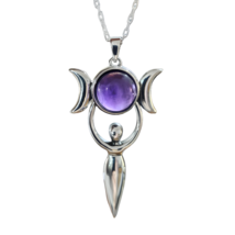 Amethyst Goddess Pendant Large Triple Moon 925 Sterling Silver Necklace &amp; Boxed - £43.68 GBP
