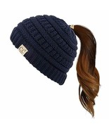 Navy - Ponytail Beanie Kids Soft Stretch Knit Messy High Bun - $25.98