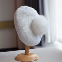 Beret Winter Angora Hat Pompom Women  Real  With Sequins Autumn Warm Soft Skiing - £151.87 GBP