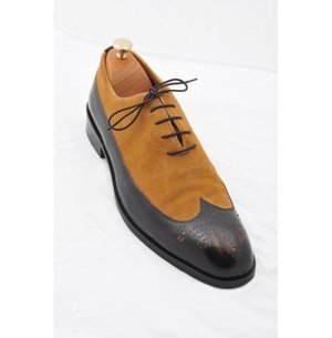 NEW Handmade Two Tone Shoe, Men Tan Black Leather Suede Shoes, Wingtip Lace Up S