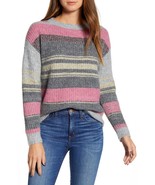Caslon Women Dark Grey Pink Stripe Fluffy Crew Neck Sweater Nordstrom La... - $29.60