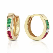 1.28 Carat 14K Solid Yellow Gold Tri Gem Round Hoop Gemstone Earrings - £317.68 GBP