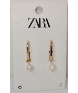 Zara Gold Tone Rectangular Hoop Fresh Water Pearl Dangle Earrings - £23.59 GBP