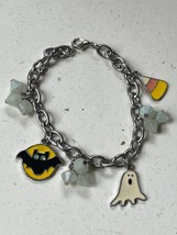 Silvertone Oval Chain w Plastic White Beads &amp; Enamel Ghost Bat Candy Halloween - £10.46 GBP