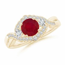 ANGARA Aeon Vintage Style Ruby &amp; Diamond Floral Halo Three Stone Engagement Ring - £1,439.65 GBP