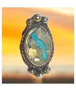 Zuni Inlaid Sterling Silver Ring Turquoise Inlay Blue Jay Bird Flower 8 ... - £216.61 GBP