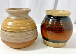 2 Vintage Two Toned Stoneware Studio Pottery Small Vase Jar 4 inch tall Signed - £14.11 GBP