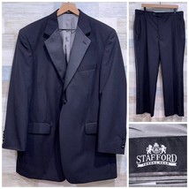 Stafford 100% Wool Notch Collar Tuxedo Suit Black Mens 44L 40x30 Pleated... - $108.89