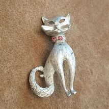 Vintage Silver Tone Cat Brooch with Pink Rhinestone Collar – Whimsical Pin - $2.97