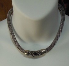 Vintage Silver-tone Mesh Cable W/Black Faceted Stone Choker Necklace - £30.43 GBP
