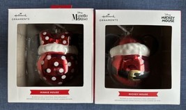 2 Hallmark Disney Glass Ball Ears Mickey &amp; Minnie Mouse Christmas Ornaments New - £30.32 GBP
