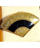 Vintage Small Fan Shaped Brooch Black &amp; Gold Tone Glittered Enameled on ... - £6.62 GBP