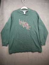 Basics Plus Sweatshirt Womens 1X Green Embroidered Flowers Floral Vintage - £8.78 GBP