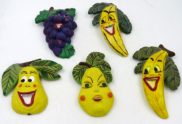 5 Vintage 1970s Anthropomorphic Fruit Chalkware Wall Plaques Banana Pear Apple - £39.10 GBP