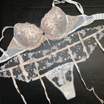 Victoria&#39;s Secret 32D Bra Set+Garter+Thong Beige White Sexy Seduction Embroider - £134.12 GBP
