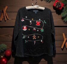 Karen Scott Embroidered Christmas Sweater Black Christmas Tree stars elf... - $19.79