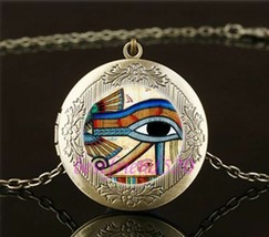 Egyptian Eye Horus Cabochon LOCKET Pendant Bronze Chain Necklace USA Shipper #23 - £11.99 GBP