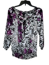 WHBM Women&#39;s Top Satin Floral V-Neck Tie Chiffon Tie 3/4 Sleeves Purple Small - £17.10 GBP