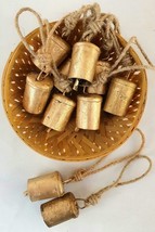 Set Of 10 6 Cm Big Vintage Rustic Tin Bells On Jute Rope In A Cylindrical Shape - £33.33 GBP
