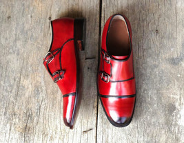 Monk Style Red Color  Black Pointed Toe Patina Dual Strap Buckle Leather Shoes - £127.87 GBP