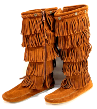 Minnetonka 1652 5-Layer Fringe Moccasin Boots Womens Size 10 Brown Suede Leather - £54.52 GBP