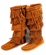 Minnetonka 1652 5-Layer Fringe Moccasin Boots Womens Size 10 Brown Suede... - £54.52 GBP