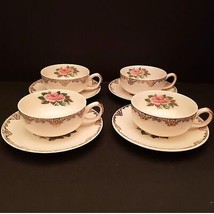 American Rose Cups Saucers Paden City Pottery Pink Roses Gold Vintage 4 ... - $37.40