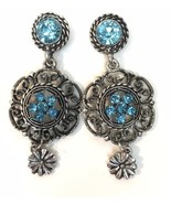 Silver Tone &amp; Sparkling Aqua Colored Rhinestone Dangle Earrings Medallio... - £10.18 GBP