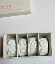 Set Of 4 Bone China Double Rose White Napkin Rings Porcelain With Box Vintage - £18.58 GBP