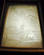 German Lithophane Shadow Box Mantle Lamp Nght Light Windmill Fishing Oyster Boat - £155.51 GBP