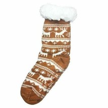Women Girl Knit Deer Flake Anti Skid Winter Slipper Socks Fur Shearling Lt Brown - £6.95 GBP