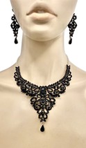 Vintage Inspired Basic Black Crystals Dainty Filigree Necklace Earrings Set - $39.71